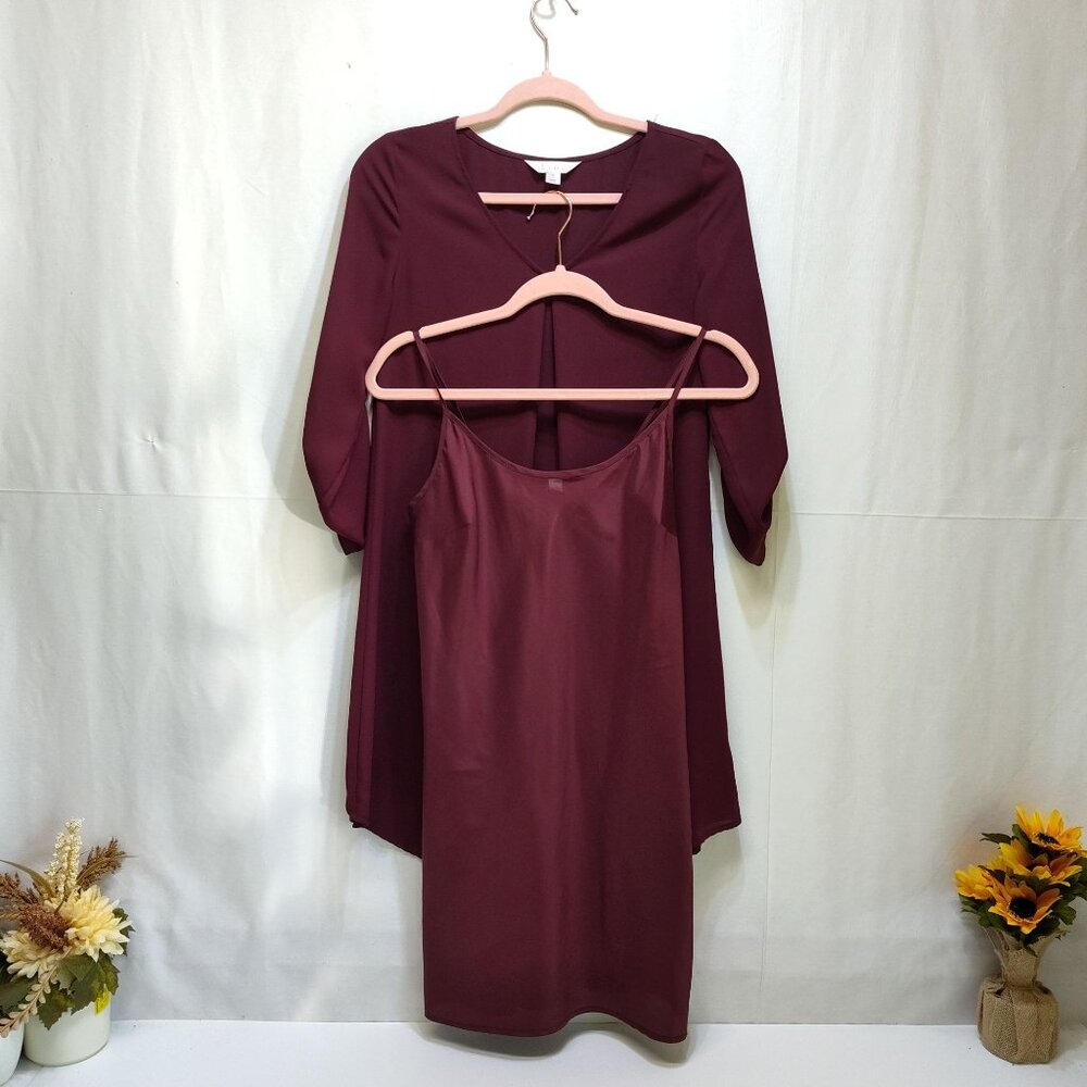 Decree Burgundy Roll Tab Sleeve Tunic Dress w/ Slip Small Casual Or Semi-Formal